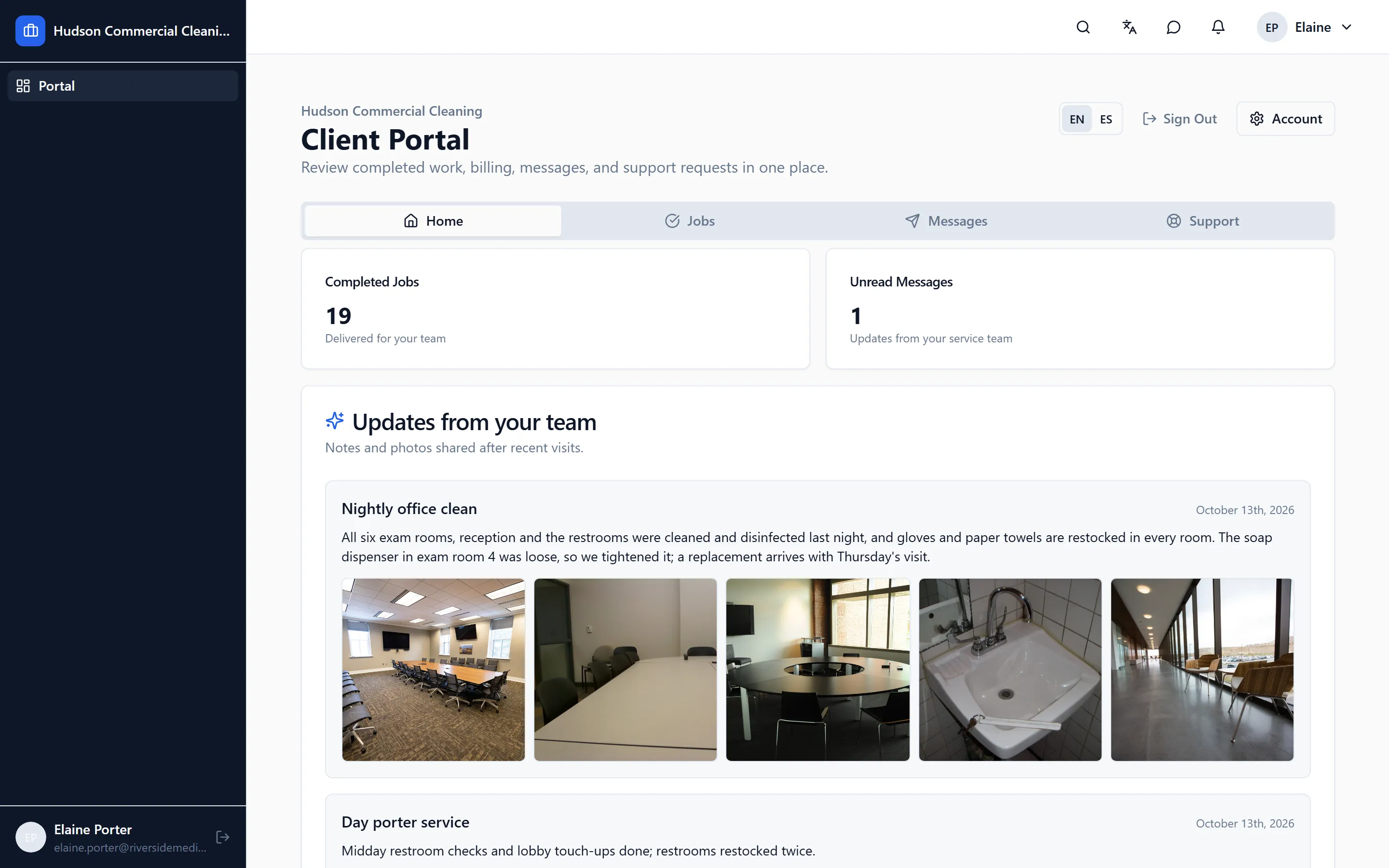 The client portal showing a completed visit report with photos, the time on site and the manager's approval note.