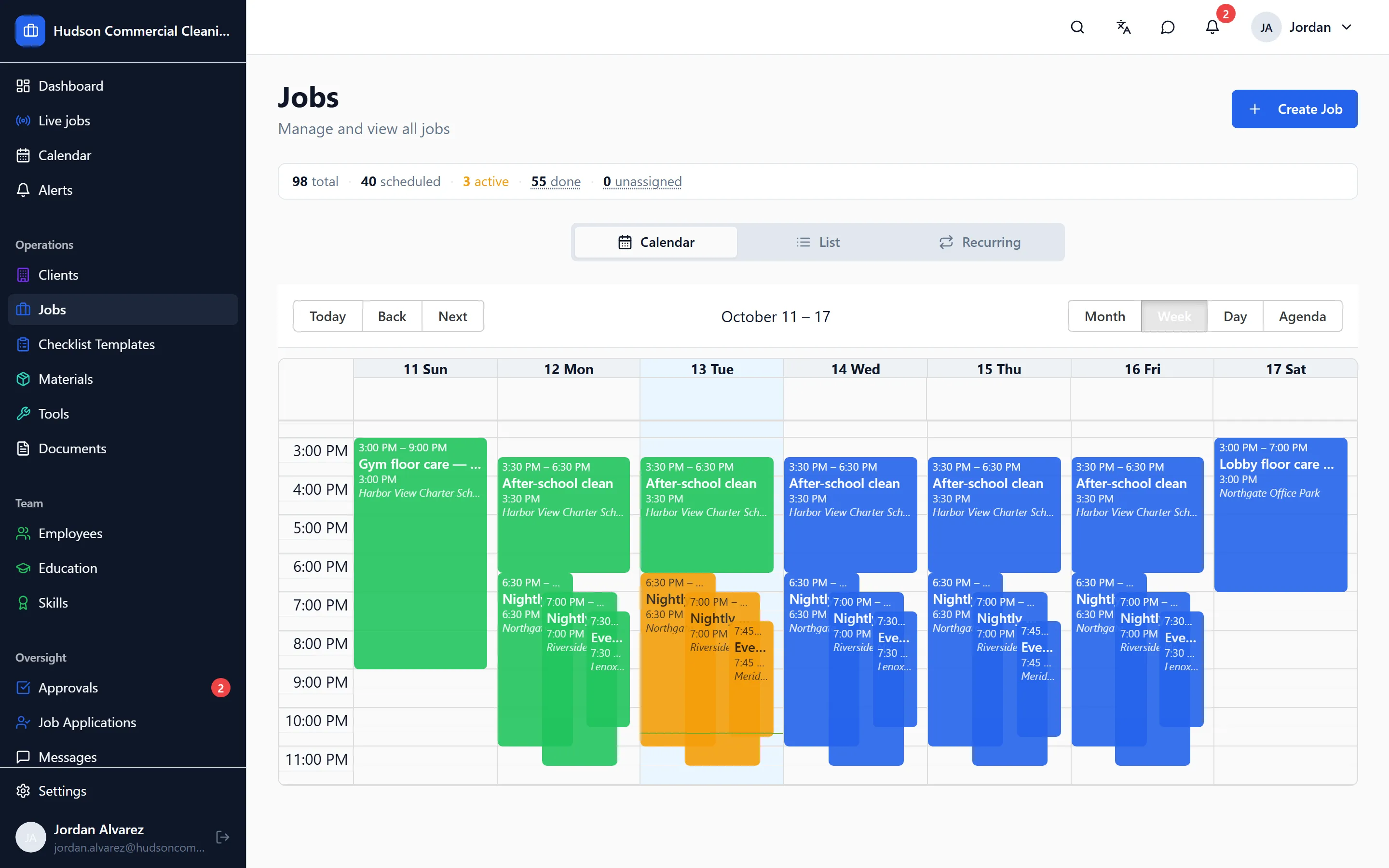 The CleanFlow Ops job board for one week, with nightly office cleans at several client sites assigned to crews.