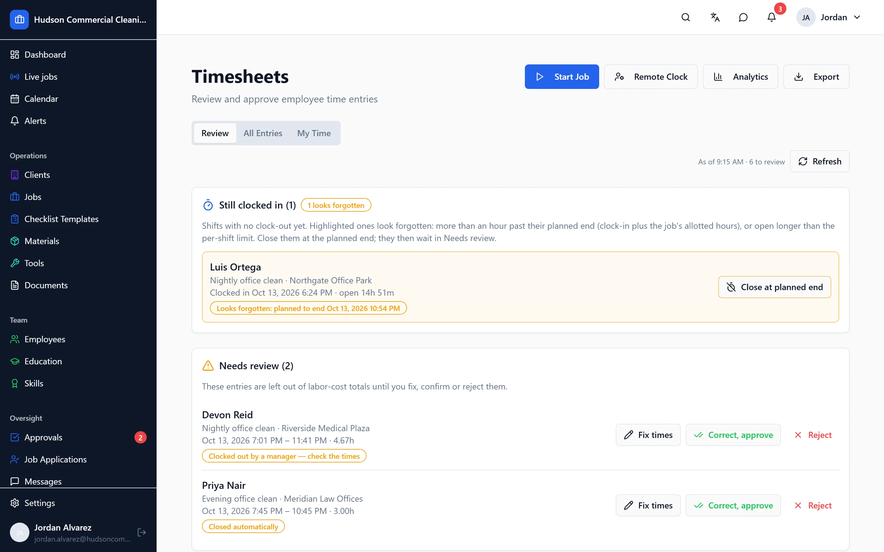 The Timesheets review screen, with a week of shifts awaiting approval and one flagged for a clock-out away from the site.